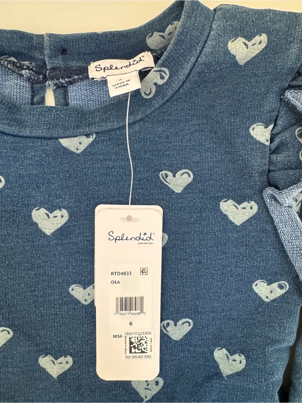 Splendid Blue Heart Print Ruffle Sleeve Dress
